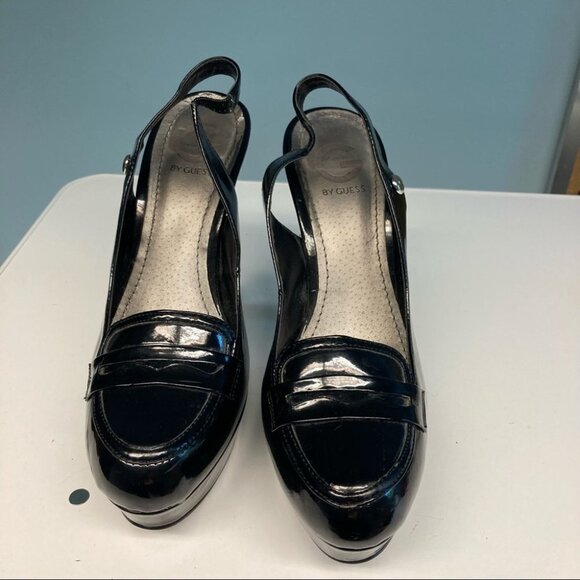 GUESS Sz 9 Patent Leather Sling Backs Front Platform Heels Shoes - Picture 2 of 7